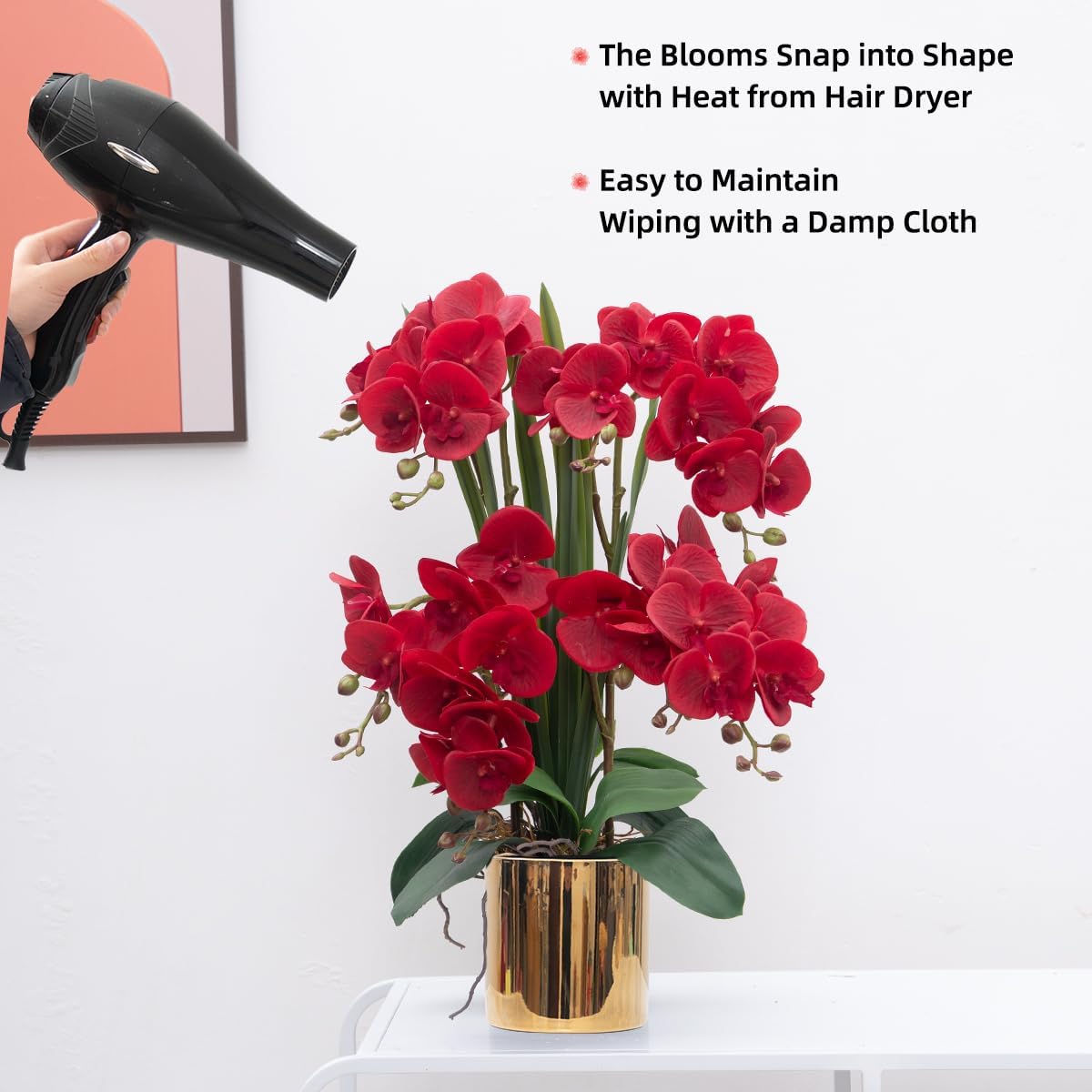 CXGS Artificial Orchid Flower Plants Real Touch Faux Orchids in Ceramic Vase 20.9'' Red Phalaenopsis Orchid Fake Flower Arrangement Home Indoor Decor