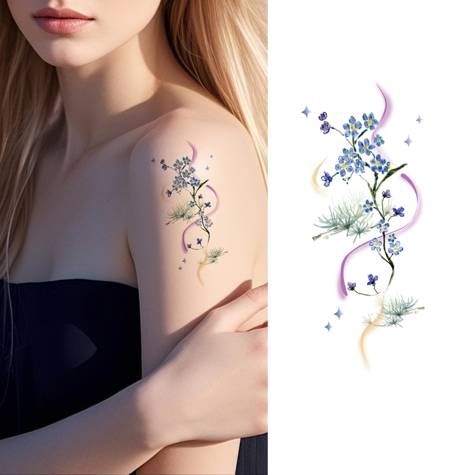 S.A.V.I 1 Pc Floral Arm Design with Colorful Ribbon & Blue Blossom, Safe Non-Toxic Waterproof Temporary Tattoo Sticker for Women & Girls, Long-Lasting Body Art for Hand, Shoulder & Back (48)-picture-35