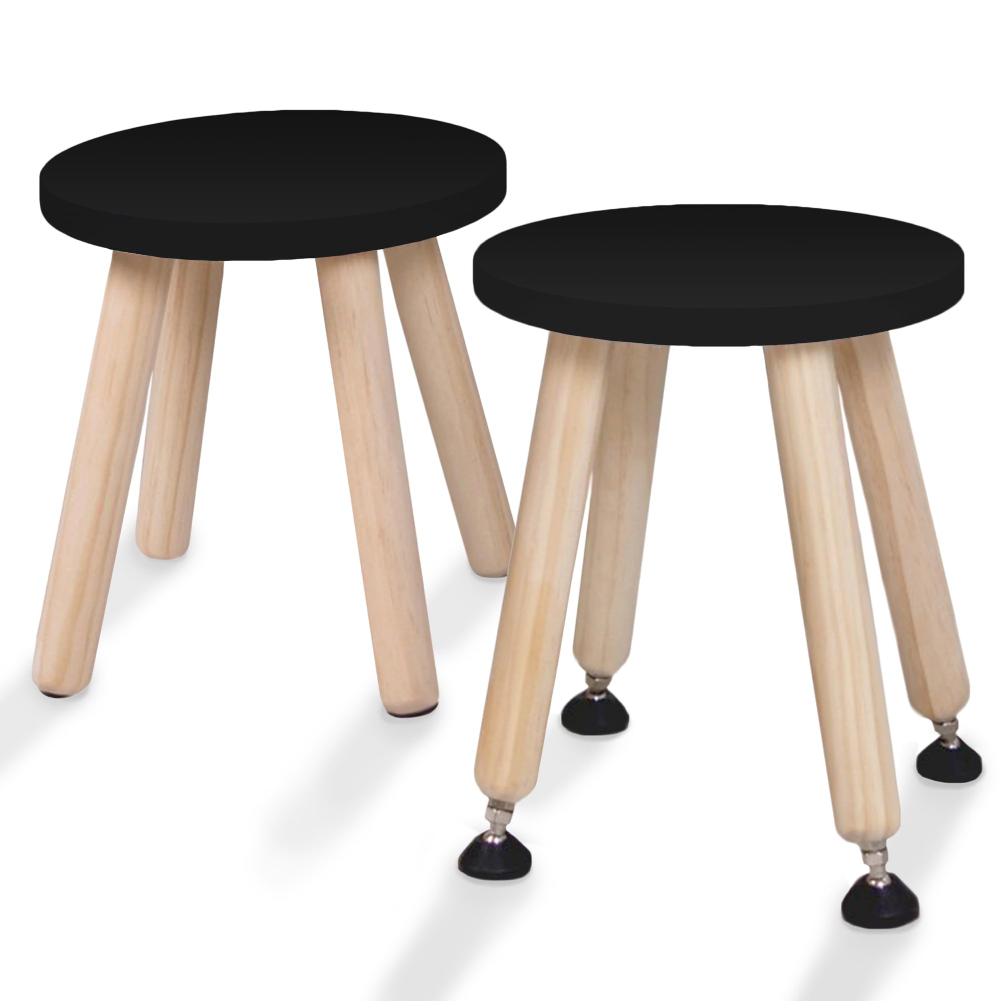 Cateam Tritthocker aus Holz für Kinder und Kleinkinder – 2er-Set – Schwarz – Kinderhocker mit ausziehbaren Beinen – sensorischer Tischhocker – runder Sitzhocker für Kinder mit Nivellierfüßen