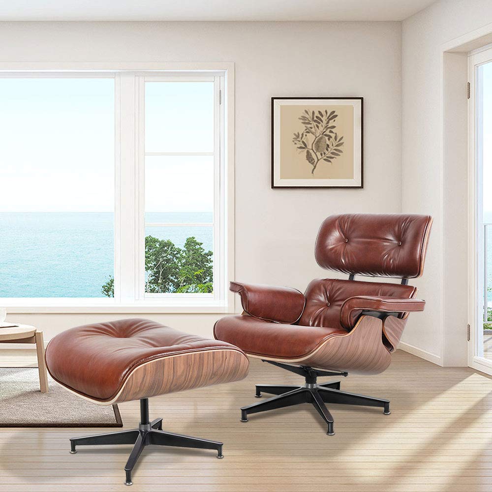 Buy (Upgrade) Aniline Leather Lounge Chair with Ottoman, Mid Century Recliner Replica with 8