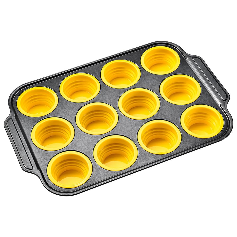 CTRLZS Silicone Muffin Pan with Metal Frame, Egg Bite Maker Silicone Molds for Baking, Cupcake Pans 12 Regular Size Yellow