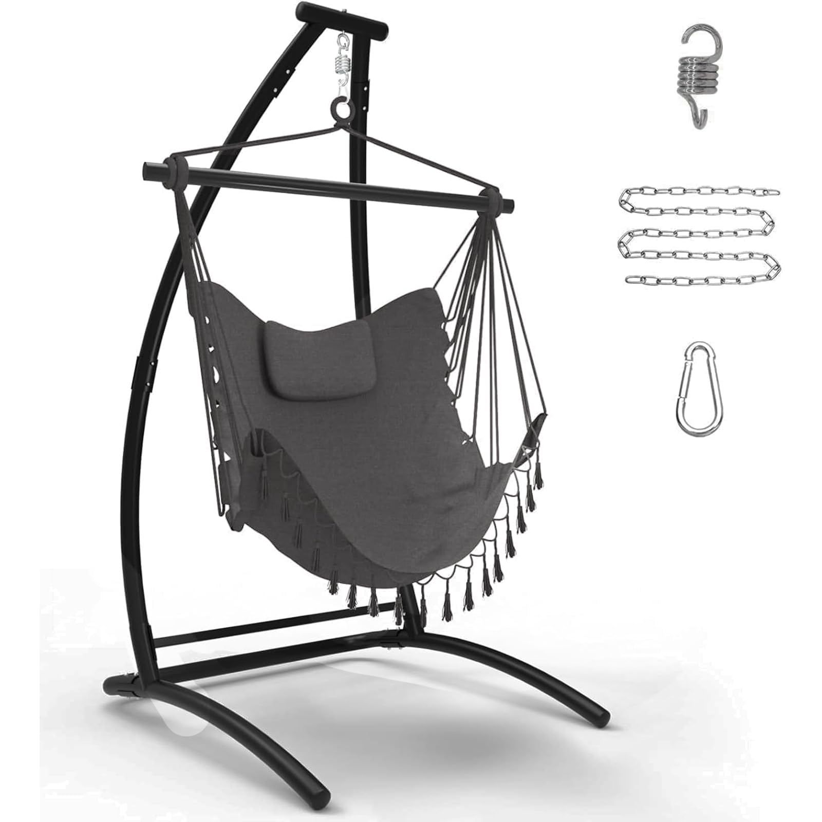 C Type Hängesessel mit Gestell, Schwarz Hängemattengestell und Grau Hängeschaukel, Stoffschaukel mit Bequemen Kissen, Hängesessel Outdoor, Hängemattenständer für Balkon, Terrasse, hält bis zu 150kg