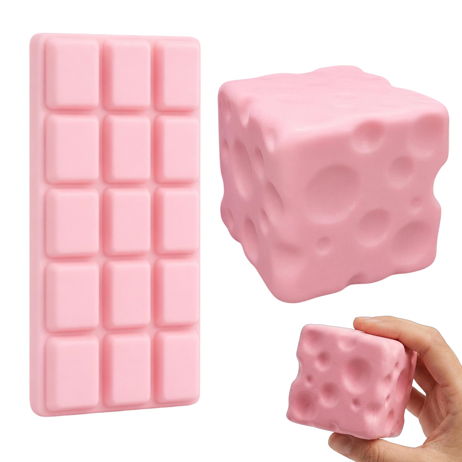GETFACAI Chocolate Squishy and Cheese Squishy Set, Desk Decoration Items, Pink Coloured Soft Touch Items for Office and Study Environments, Two Piece Collection with Features