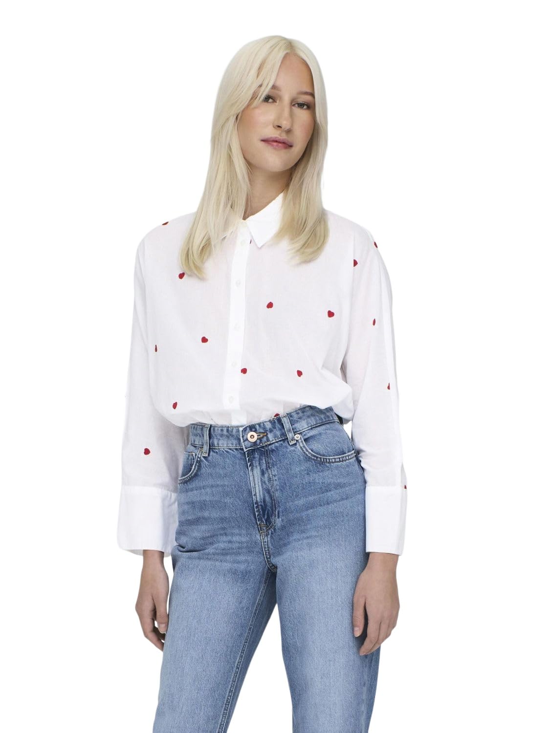 ONLY Women's Onlnew Lina Grace LS Emb Shirt WVN Blouse, Bright White/AOP: Heart, Large
