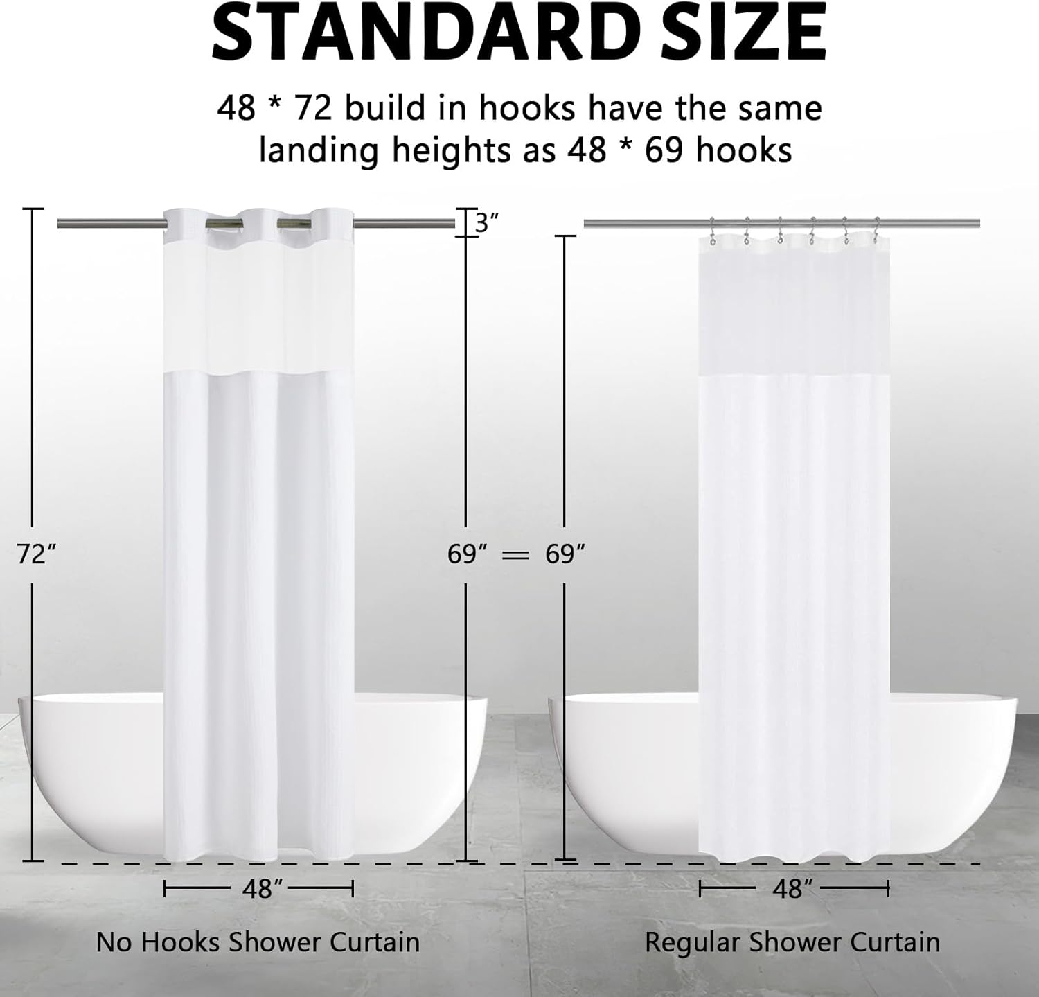 Furlinic Stall Shower Curtain No Hook with Snap in Liner,Waffle Weave Waterproof Bathroom Curtains with See Through Top Window & Weighted Magnets,White,48x72 Inch