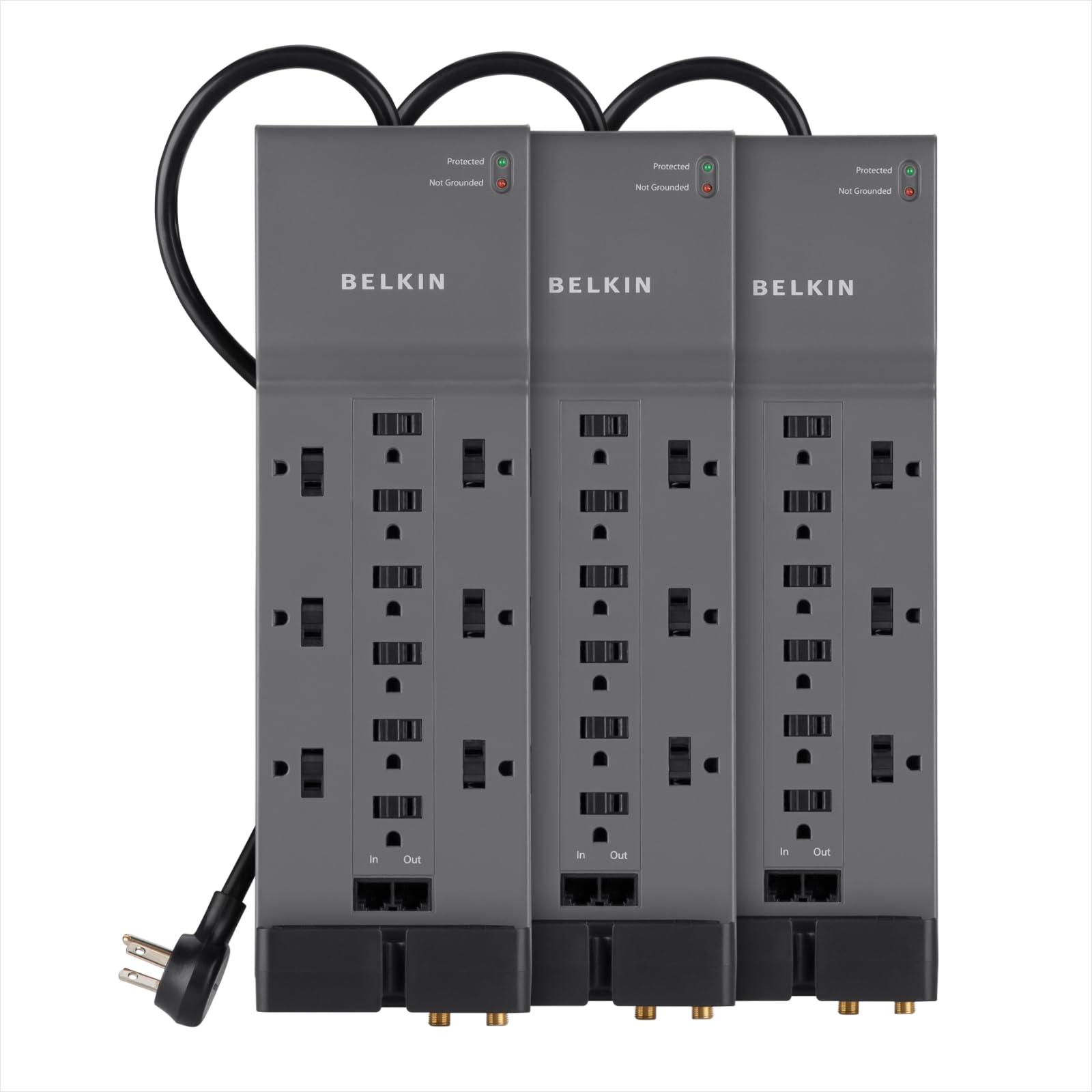 Belkin12-Outlet Power Strip Surge Protector with 10-Foot Cord and Telephone, Ethernet, Coaxial Protection, BE112234-10, Gray -(Pack of 3)