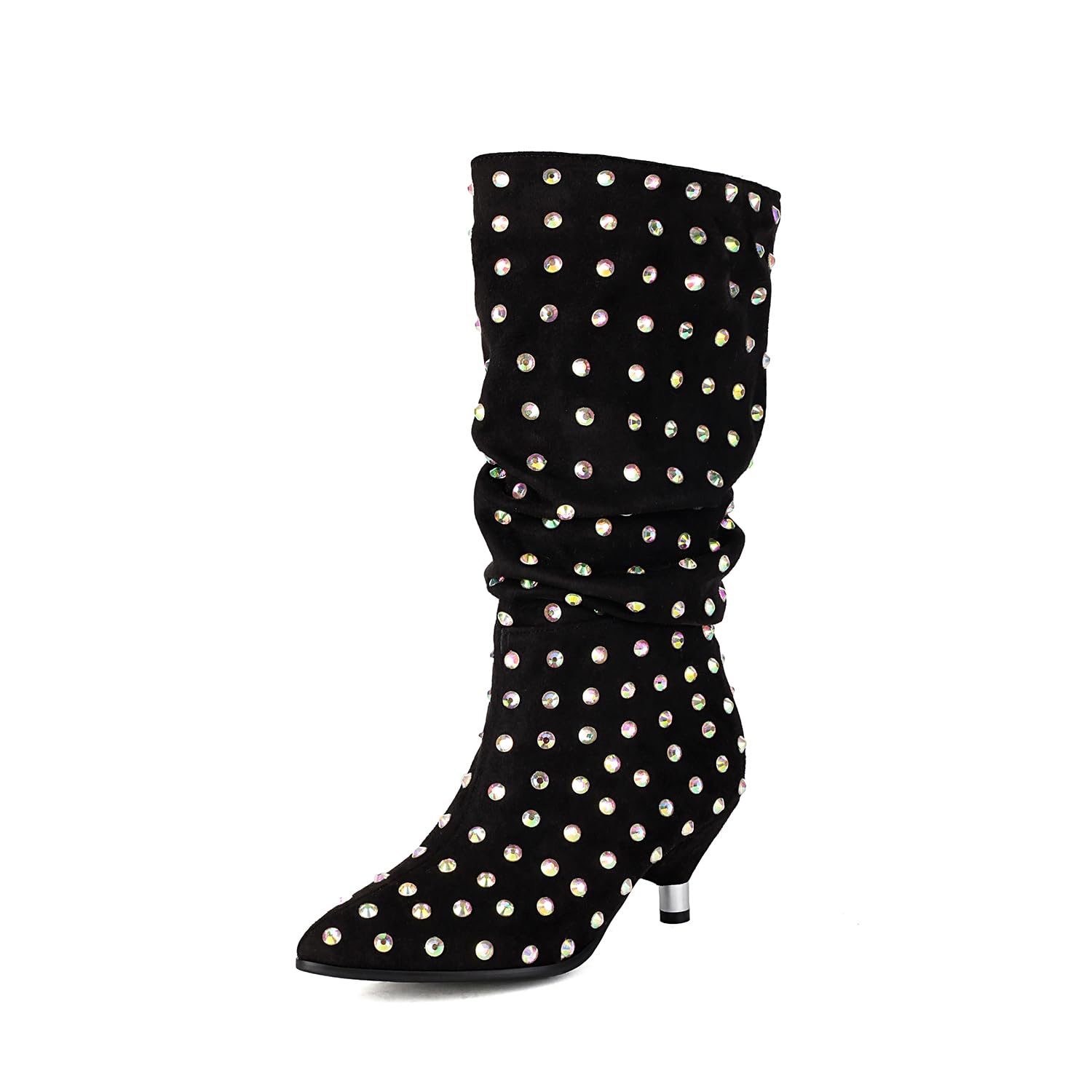 UP2STEP Studded Suede Mid Calf Booties Stylish Rivet Embellished Low Kitten Heel Pull-On Ankle Boots for Edgy Sophistication