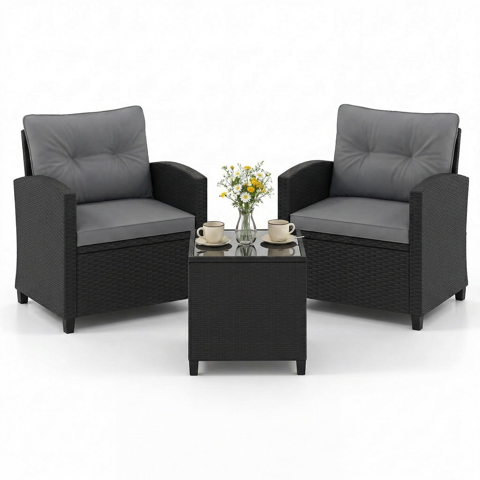COSTWAY 3-TLG. Rattan Gartenmöbel Set, Balkonmöbel mit Kissen, 2 Stühlen und Tisch, Polyrattan Balkonset, Terrassenmöbel, Gartengarnitur, Sitzgruppe für Terrasse, Balkon, Garten (Grau)