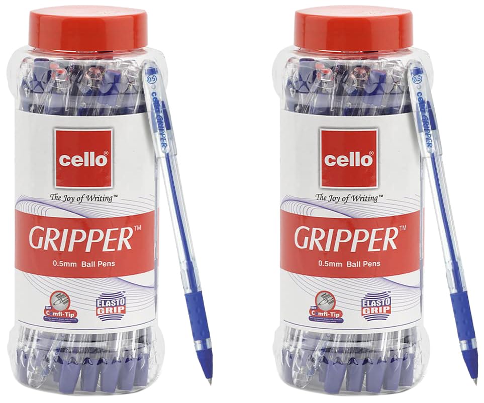 Image of Cello Gripper Ball Pen | Jar of 25 | Blue Ink | Smooth Writing | Exam Pens With Grip | Set for School and Office Stationery | Comfortable Writing (Pack of 2)