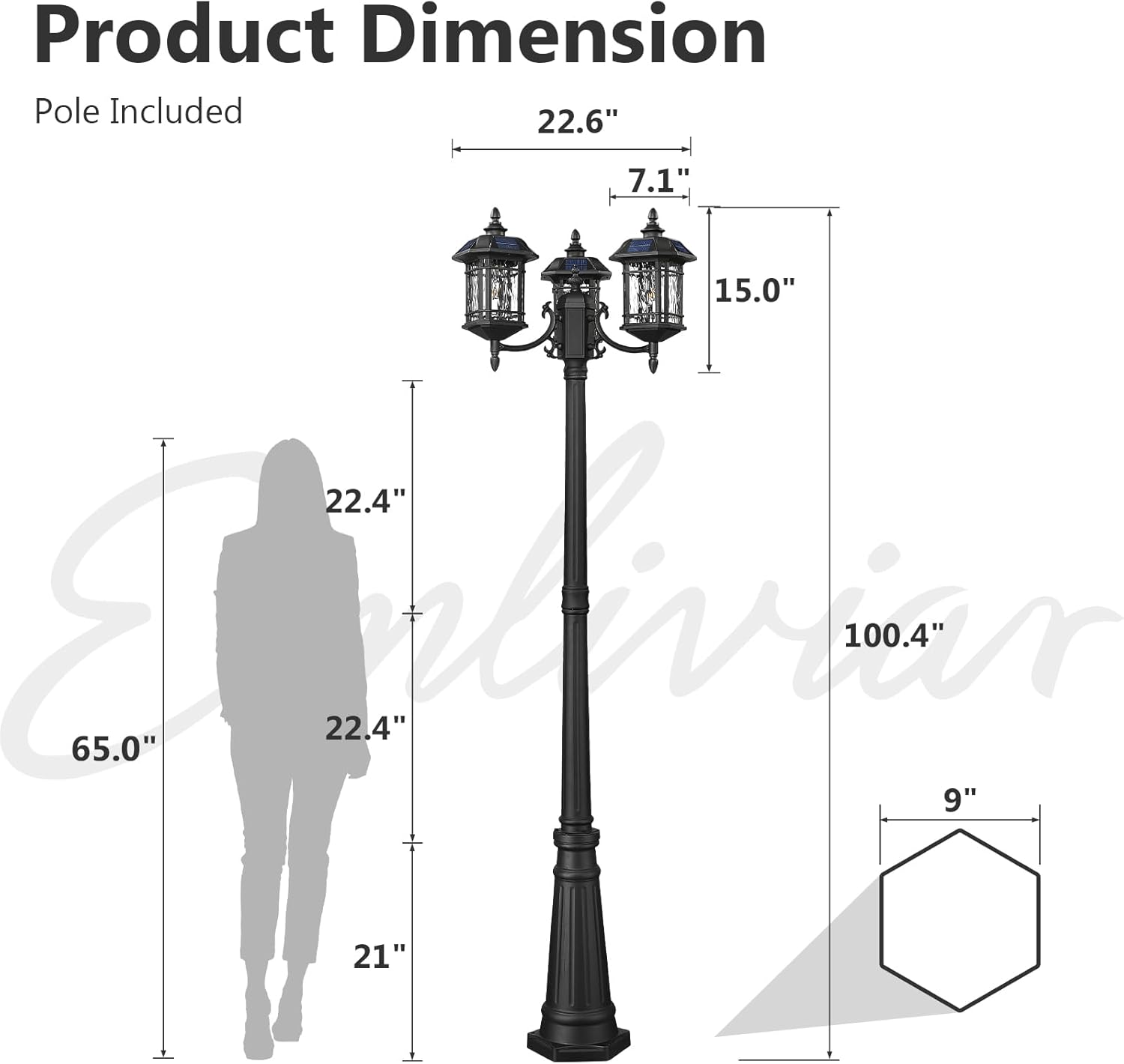 Emliviar 3-Head Outdoor Street Lights Solar Powered, Aluminum Post Lamp 100.4" Dusk to Dawn, Black Solar Column Lighting with Water Ripple Glass, 2084PL-3 SL BK-SW