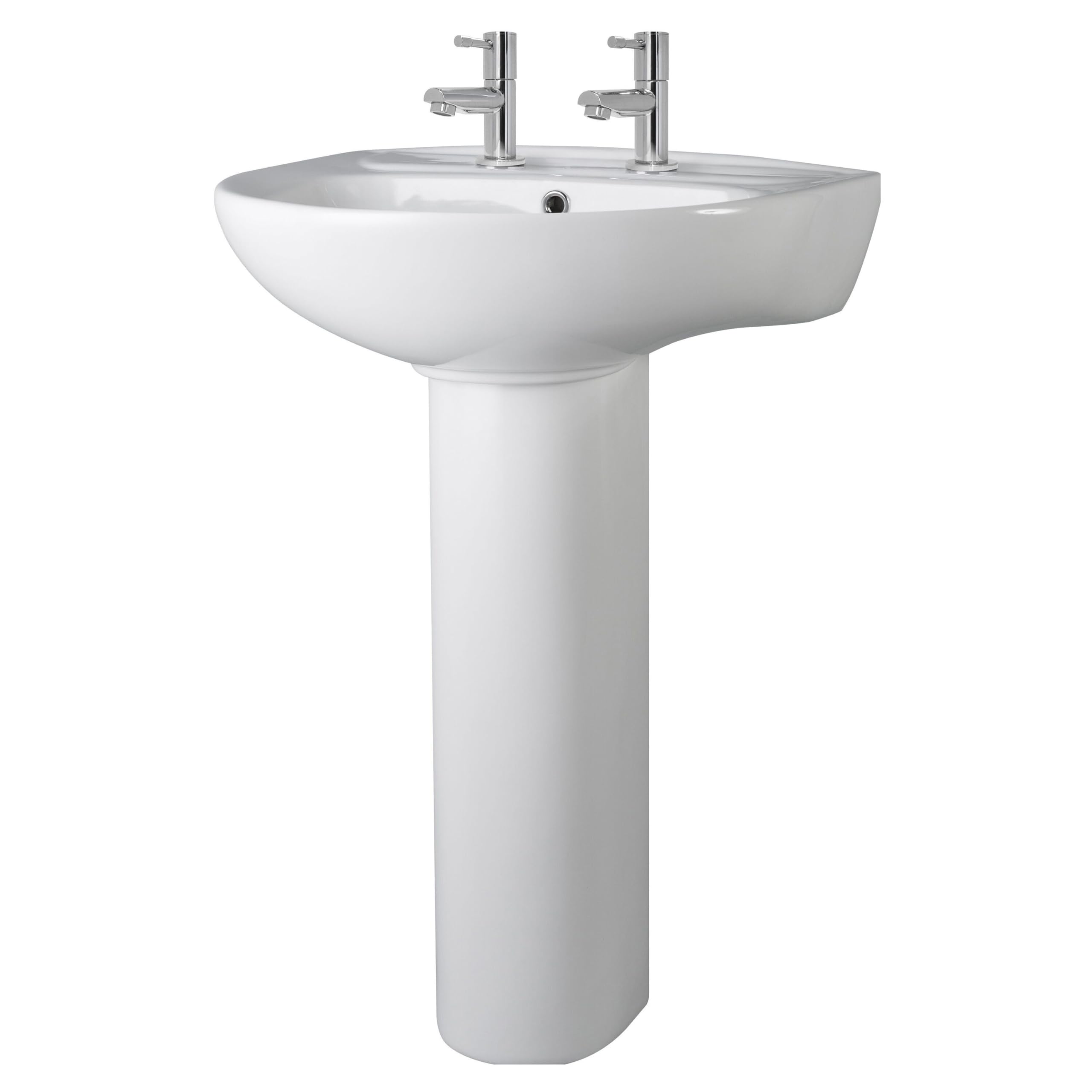 Balterley 550mm Bathroom Sink, Full Pedestal Ceramic Round Bowl Bathroom Wash Basin Sink with Overflow, 2 Tap Hole, Floor Standing Basin Sinks for Cloakroom - 550 x 475 x 840mm (White)