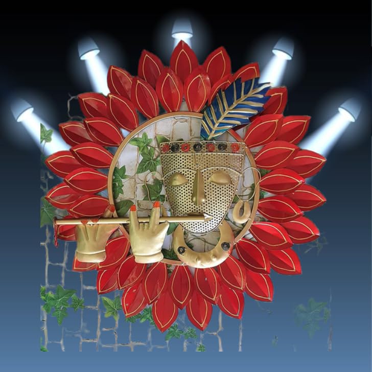 RSN Metal Krishna Playing Basuri Round Frame Wall Hanging For Decor (23" Multicolour) 1