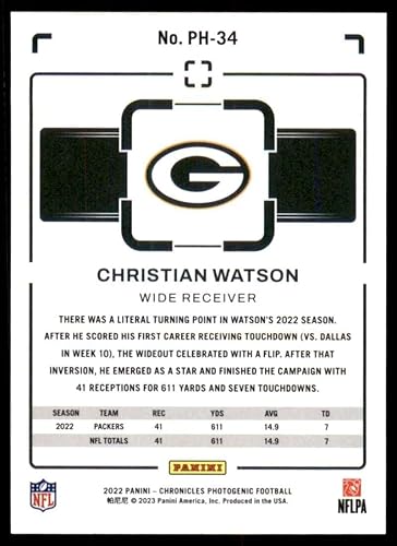 Miniatura 2 de 2022 Panini Chronicles Photogenic #34 Christian Watson Green Bay Packers RC Rookie Card Official NFL Football Card in Raw (NM or Better) Condition