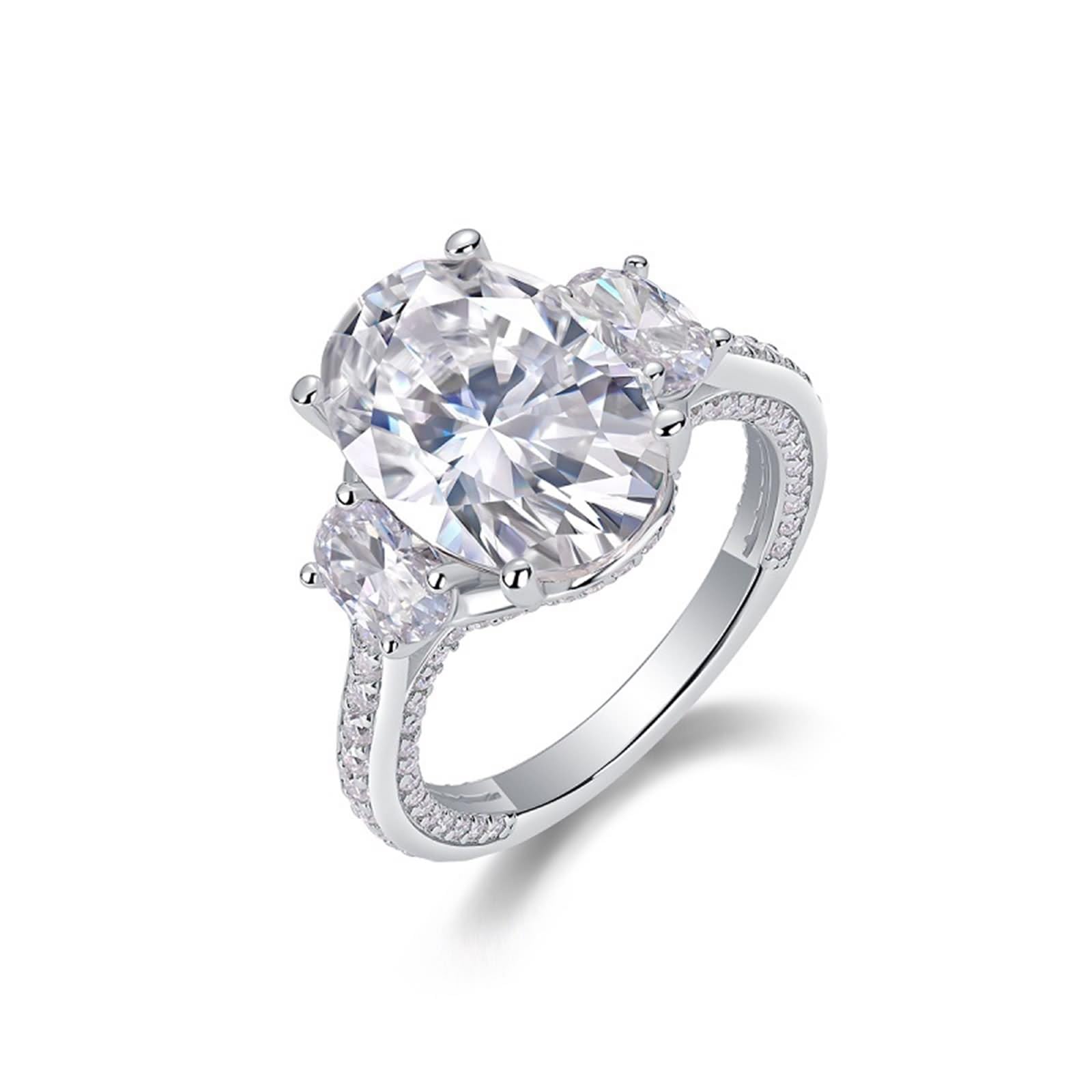 Promise Ring Frau, Promise Ring for Women Luxus mit Ovalem Moissanit 10 X 14 mm Silber 18K Weißgold Größe 47 (15.0)