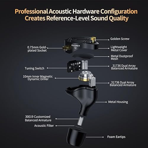 Miniatura 10 de KZ ZS10 Pro IEM - Auriculares con cancelación de ruido con cable, 4BA+1DD 5 controladores, auriculares de metal HiFi con placa frontal de acero