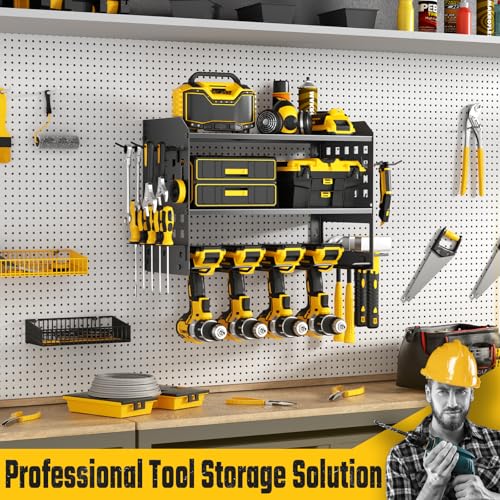 Image of SUNALLY Power Tool Organizer, Heavy Duty Wall Mount Tool Organizer 3 Layers with 4 Drill Holders, Garage Tools Storage Rack with 2 Side Pegboards and Hooks for Workshop, Shed, Black