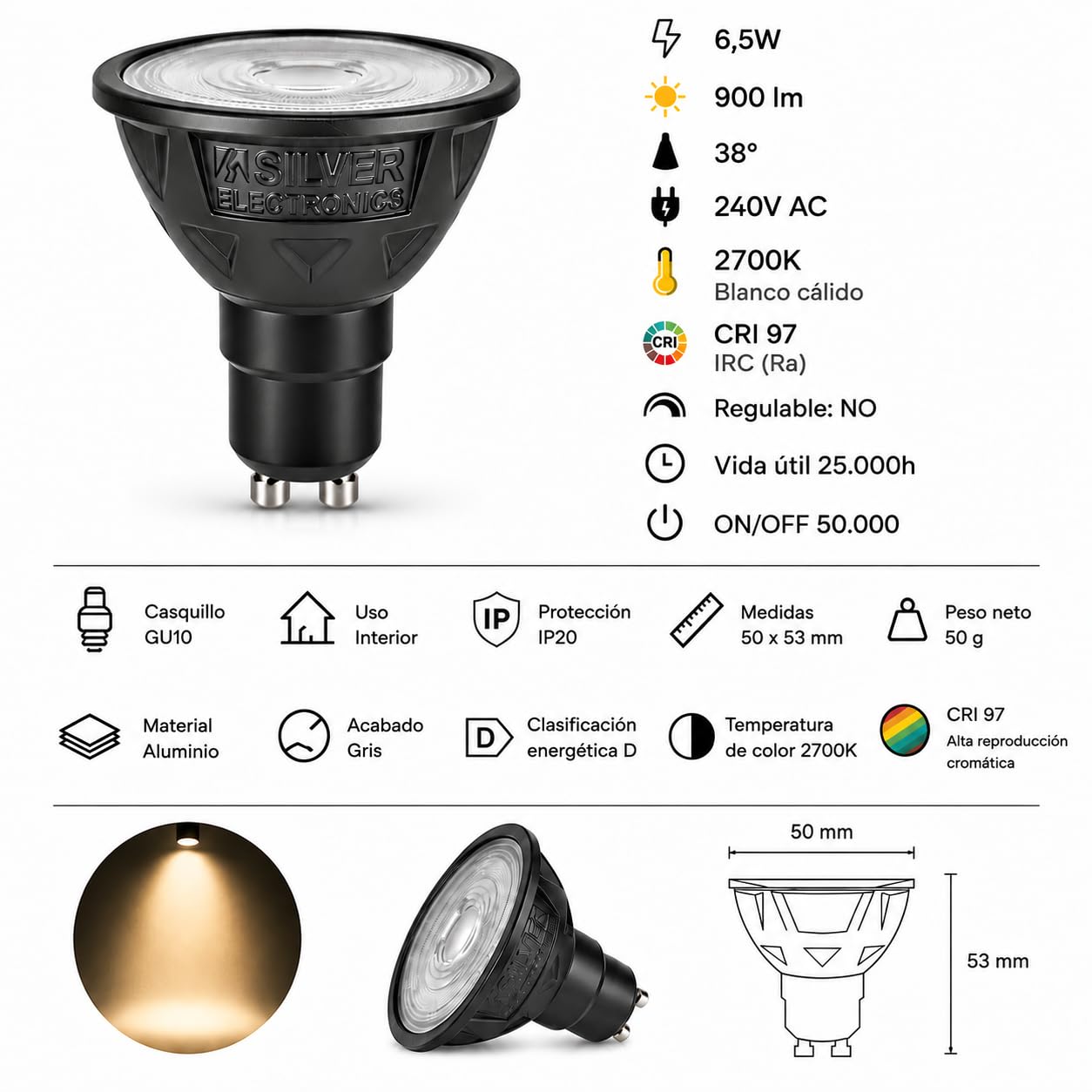 Pack x20 Bombilla LED GU10 Dicroica Luz Cálida 2700K 6.5W CRi97 900lm