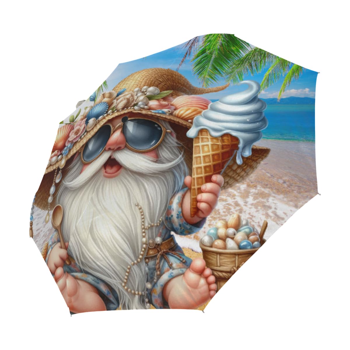 Paraguas compacto de viaje resistente al viento, plegable, para lluvia, apertura automática, protección contra rayos UV y agua, Playa de gnomos de verano