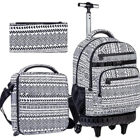 Rolling Backpack for Boys, 21 Inch Water Resistant Stripe Bookbag with Roller Wheels, Elementary Backpacks Sets for Teens Girls Students School - Black Cover