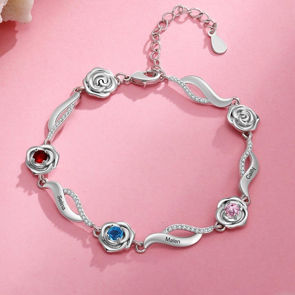 Personalized Mothers Bracelet with 1-5 Name Birthstones Rose Flower Bracelets for Women Name Initial Engraved for Women Mom Mother's Day Christmas Gifts