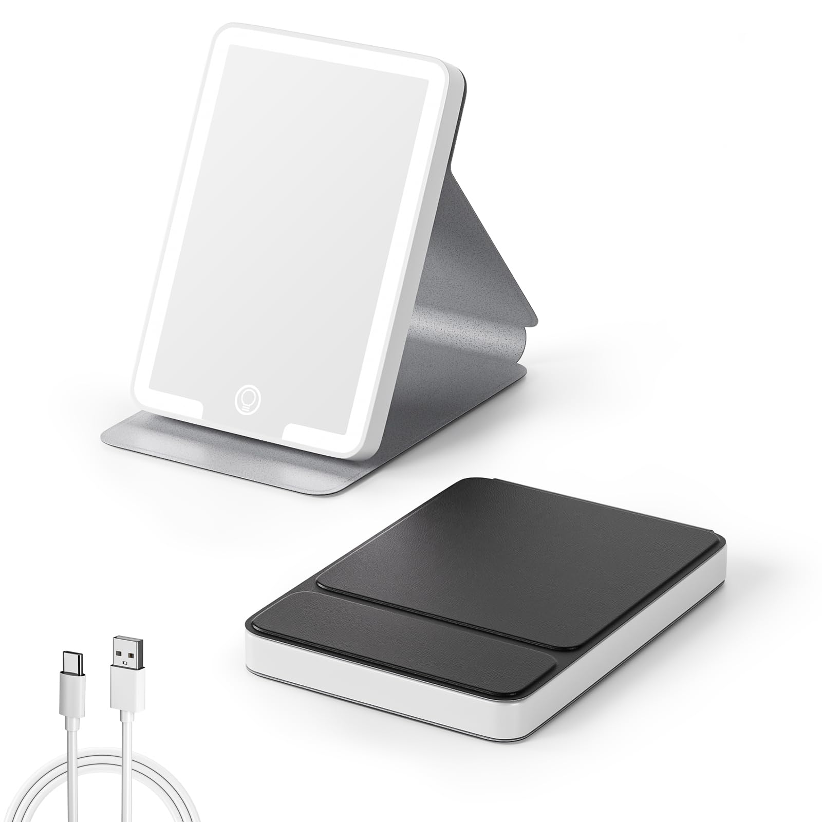 Kintion Tiny Travel Compact Mirror — 4.6"x2.9" Portable LED Lighted Makeup Mirror, 3 Colors Touch Dimmable Purse Mirror, Rechargeable Folding Cosmetic Mirror for Women (Black)