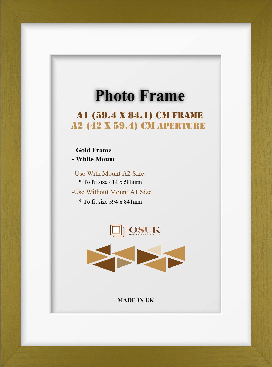 OSUK Gold A1 Frame With A2 Mount - Modern Photo Frame With White Mount - Clear Perspex Front & Wall Mounting Poster Frame - Gold A1 Picture Frame With A2 White Mount