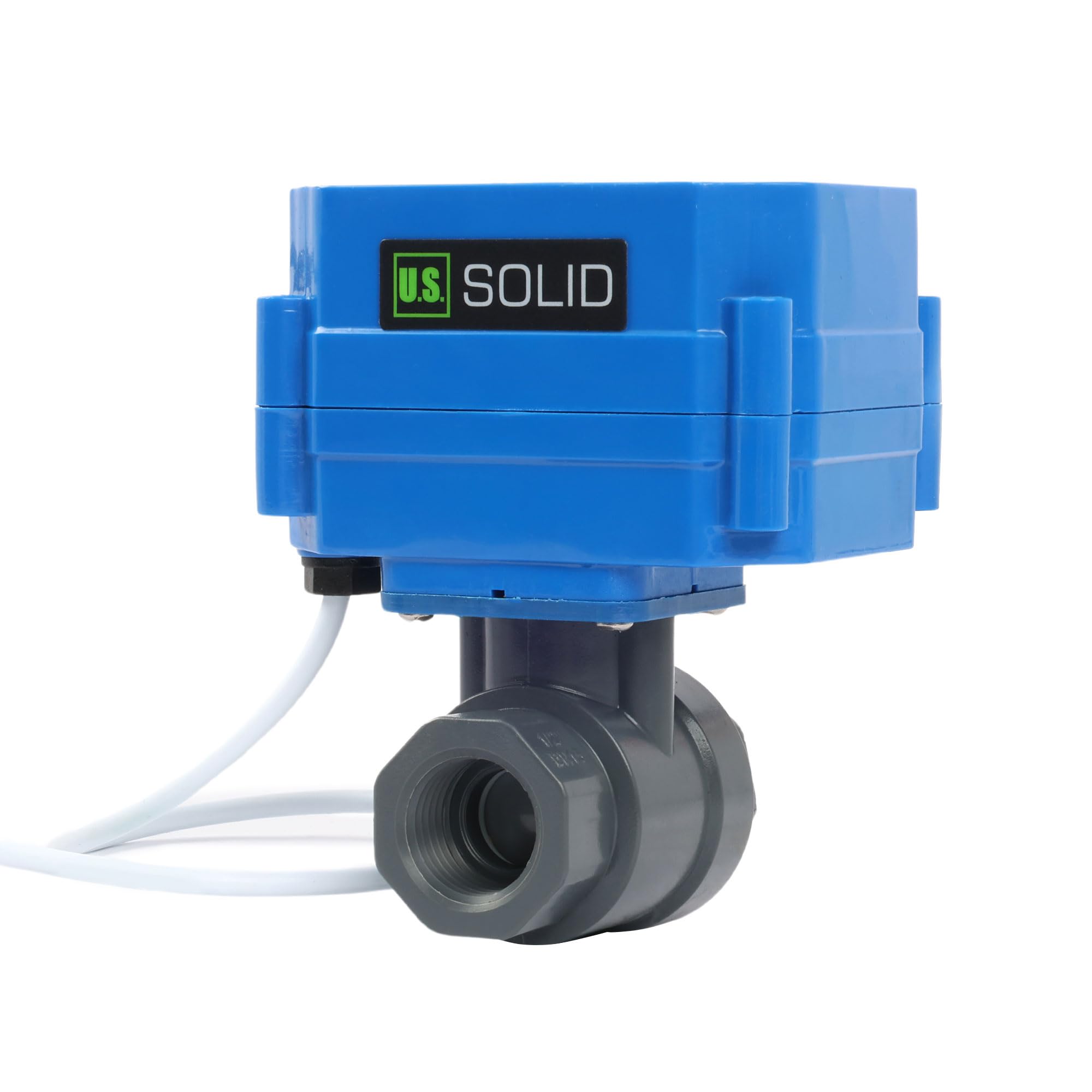 U.S. Solid Valvola a sfera motorizzata in UPVC 1/2" – Plastica, porta standard, ritorno automatico 2 fili, 9–24 V AC/DC, normalmente chiusa
