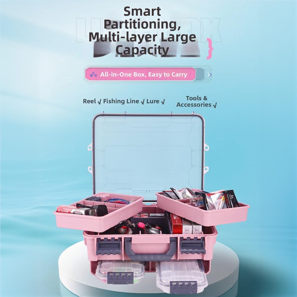 Spaziosa scatola impermeabile per attrezzatura da pesca con vassoi rimovibili, materiale ABS+PP, per riporre ami da esca, design compatto e portatile, blu (rosa)