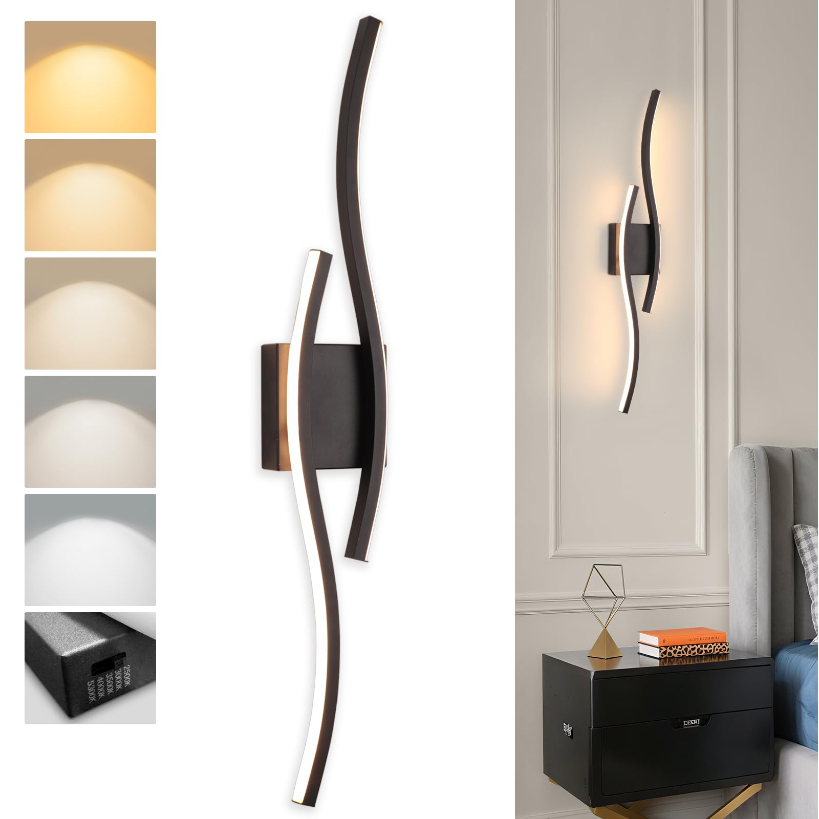 Photo 1 of EIDEARAY Modern Black Wall Sconce, 5CCT Dimmable Indoor Led Wall Sconce Lighting, Hardwire Black Led Wall Lamps for Living Room Bedroom Bathroom Hallway, Indoor Wall Decor Bedside Wall Lamp, 31.5Inch