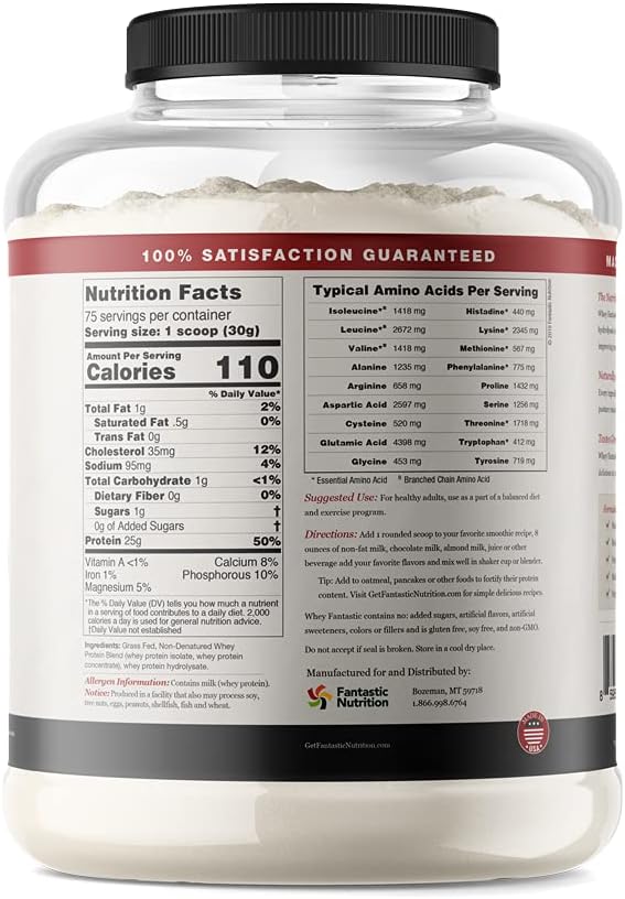 Whey Fantastic Unflavored - 100% Natural Grass Fed Whey Protein Powder - Unique 3-Whey Blend of Whey Isolate, Concentrate & Hydrolysate Provides 25g of Protein per Serving - 5lb - 72 Servings