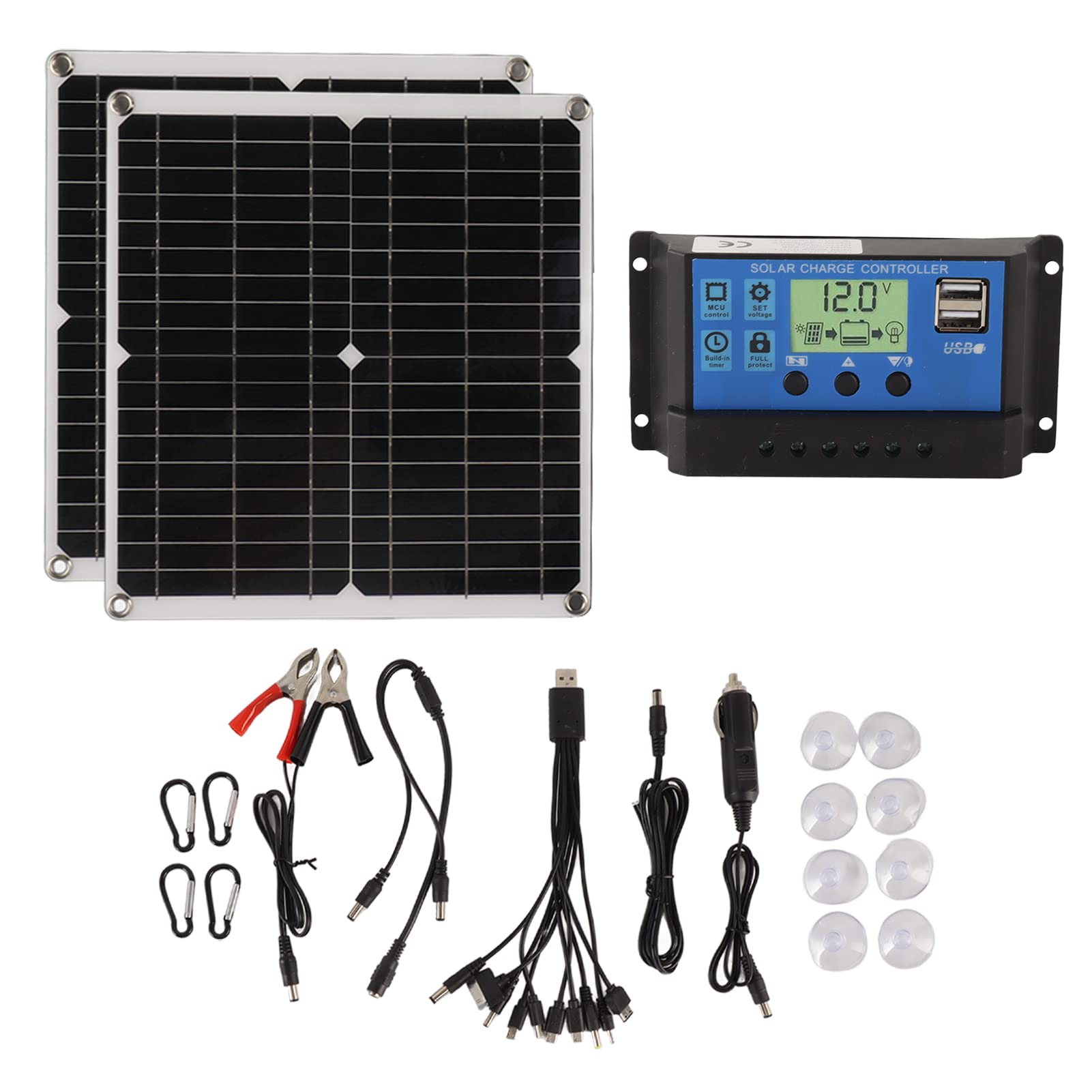 Kit pannello solare da 50 W, pannello solare portatile in silicio monocristallino impermeabile IP65 12 V 24 V con regolatore di carica da 60 A Doppia uscita USB per campeggio