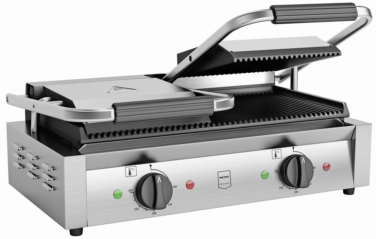 METRO Professional Plancha con doble Panini grill GPG2201, acero inoxidable, 57 x 36 x 20 cm, rango de temp.: 50-300° C, 55 paninis cada 60 minutos, plata