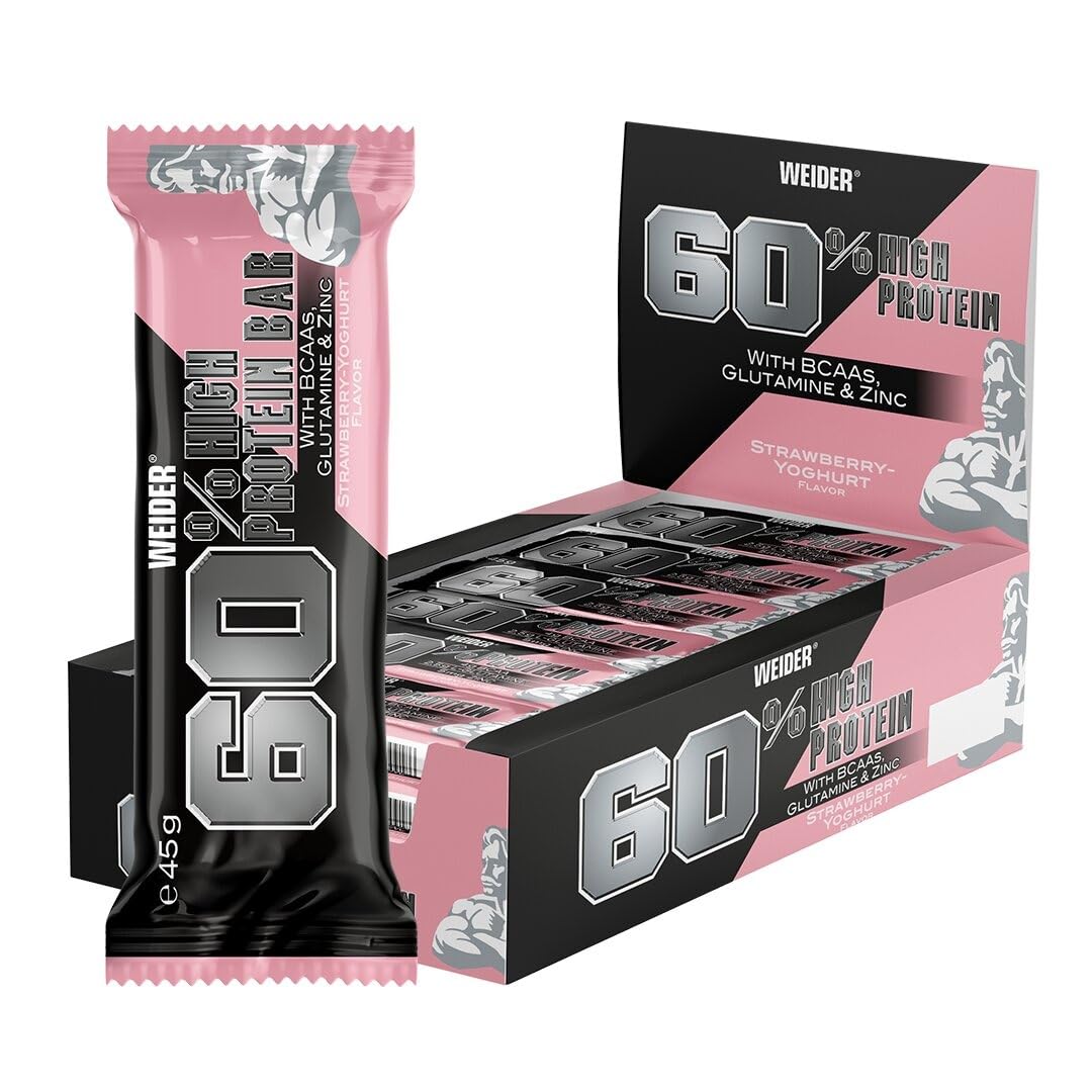 Weider 24 barrette proteiche al 60% ad alto contenuto proteico con 27 g di proteine, poco zucchero, BCAA e zinco, ideali per la crescita muscolare, fragola