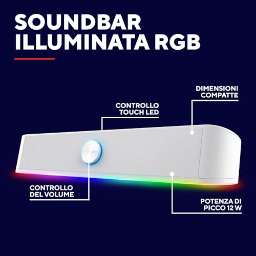 GXTrust 1619W Rhox Soundbar PC Illuminata RGB, 12W Casse PC Stereo Speaker con Illuminazione Regolabile, Alimentazione USB, Jack 3.5 mm, Altoparlanti per Computer Laptop TV, Bianco - Casse per PC - Immagine 1