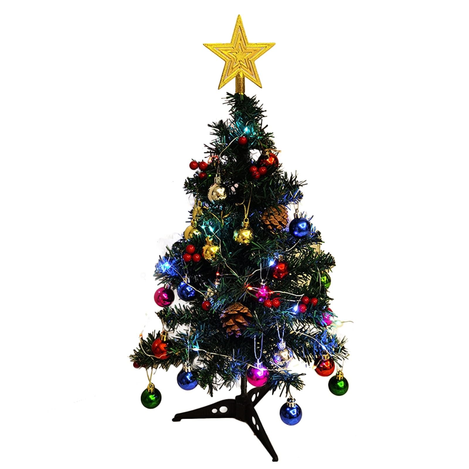 Tabletop Christmas Tree Mini Artificial Christmas Tree with Lights，Star Treetop,Ornaments Balls,Bells and Pine Cones for Holiday Indoor DIY Christmas Decor(Colored Lights,45cm)