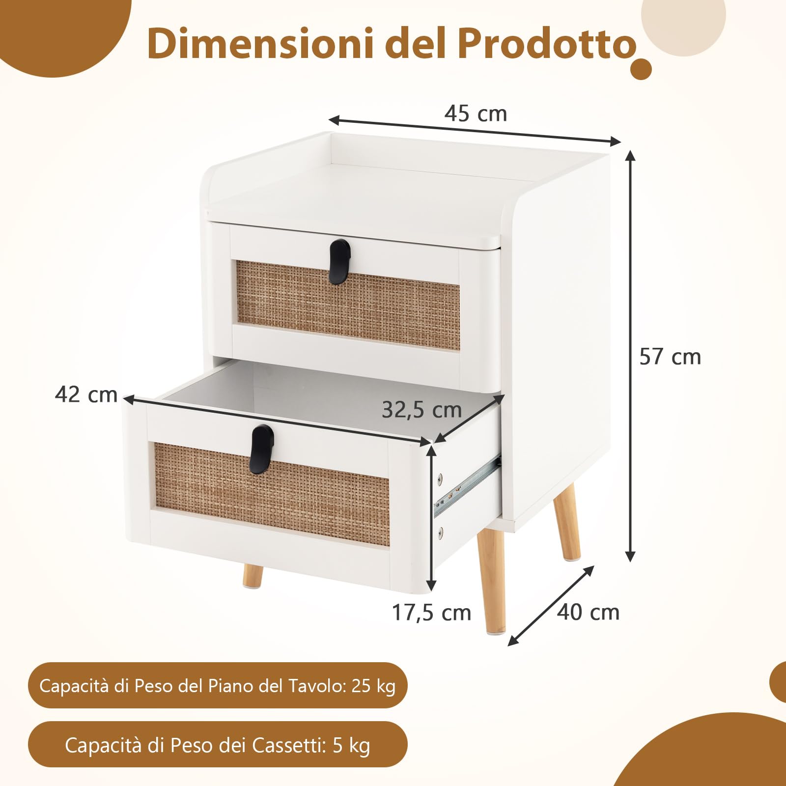 COSTWAY Comodino da Camera da Letto in Legno, 45 x 40 x 57 cm