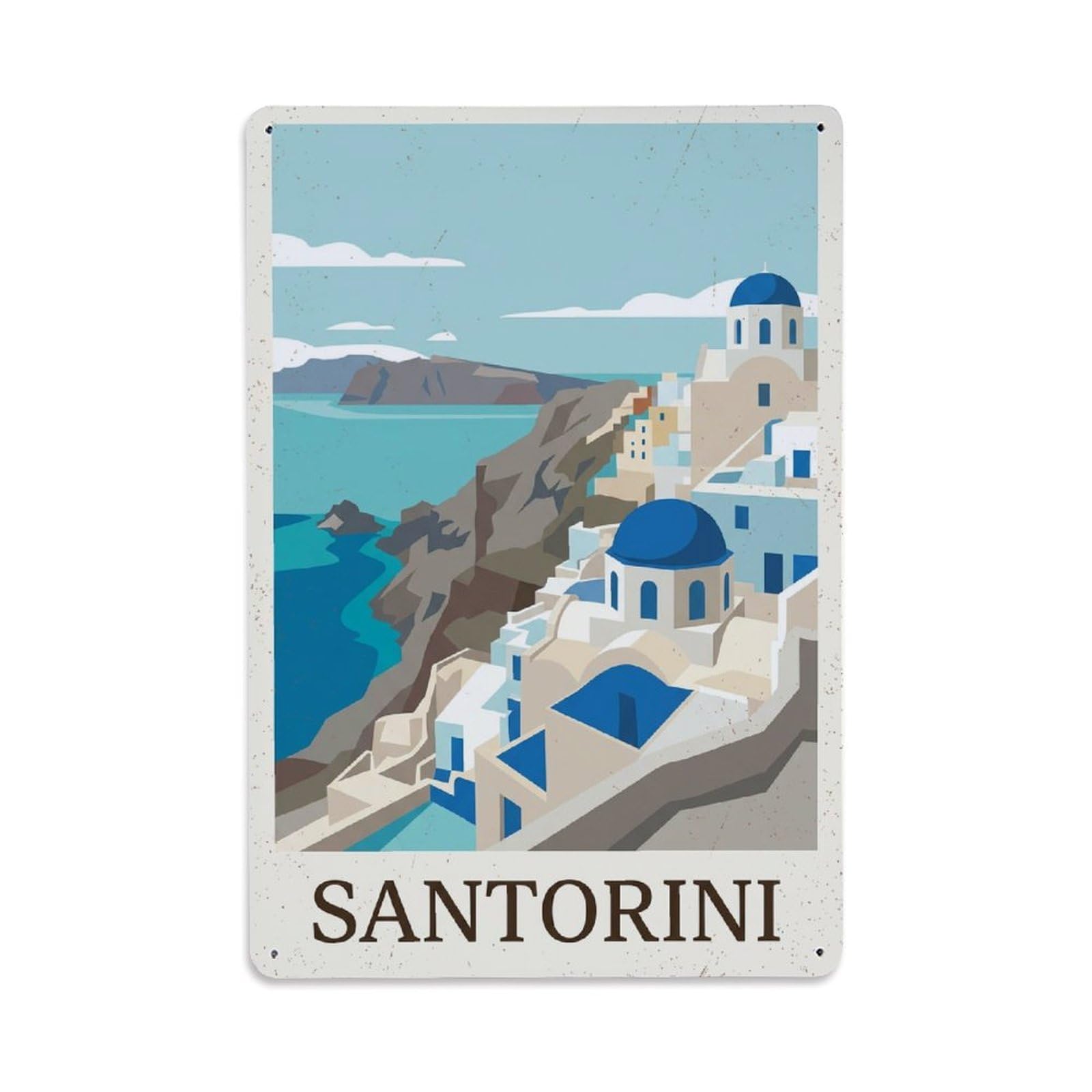 Fyrn Style Metal Tin Sign Vintage Travel Santorini Greece Cliffside