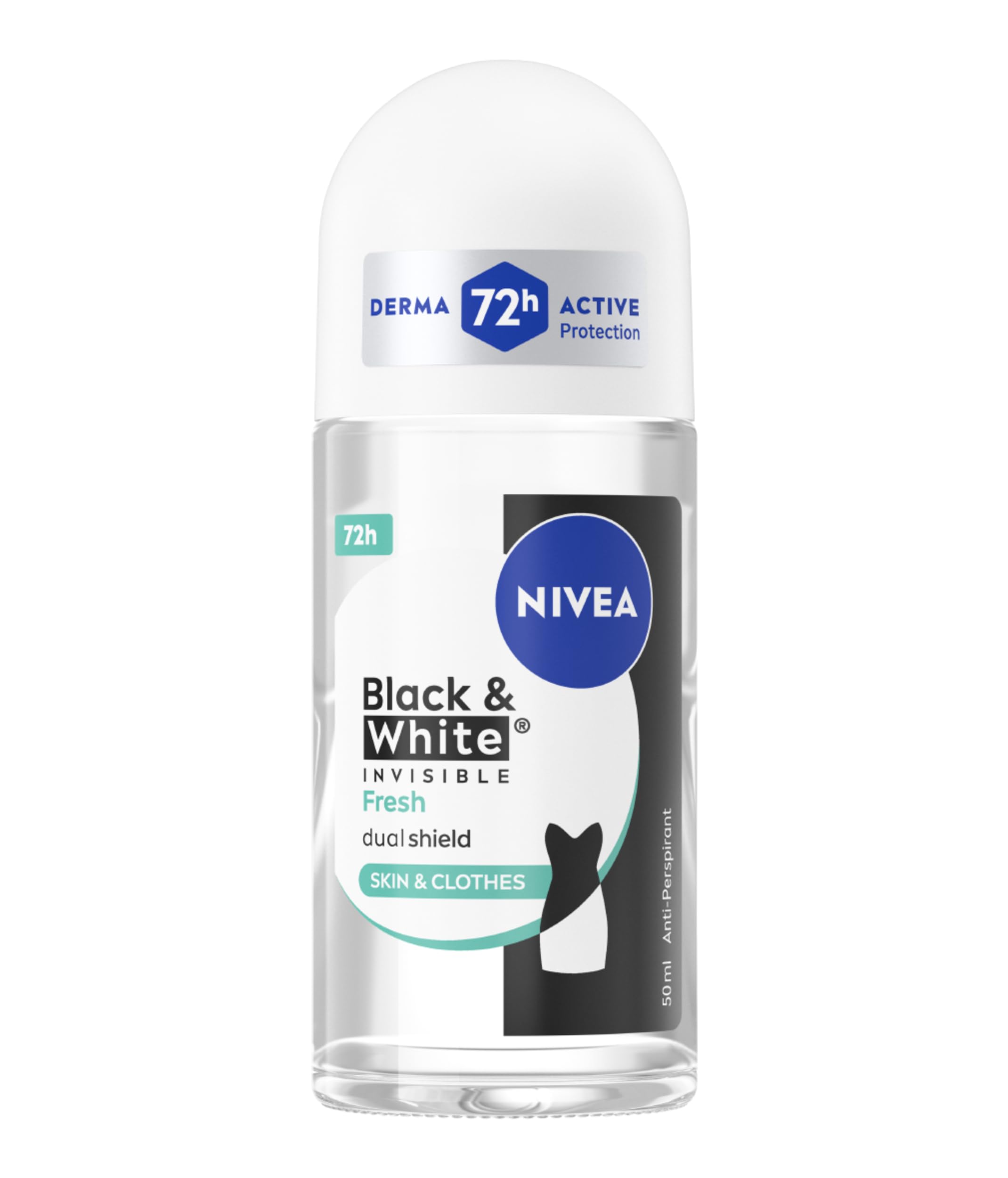 NIVEA Black & White Invisible Fresh Roll-on 6 x 50 ml, Deodorante donna antitraspirante 72h, Deodorante roll on contro odori, sudore, residui, irritazioni e macchie, Profumo fresco e floreale