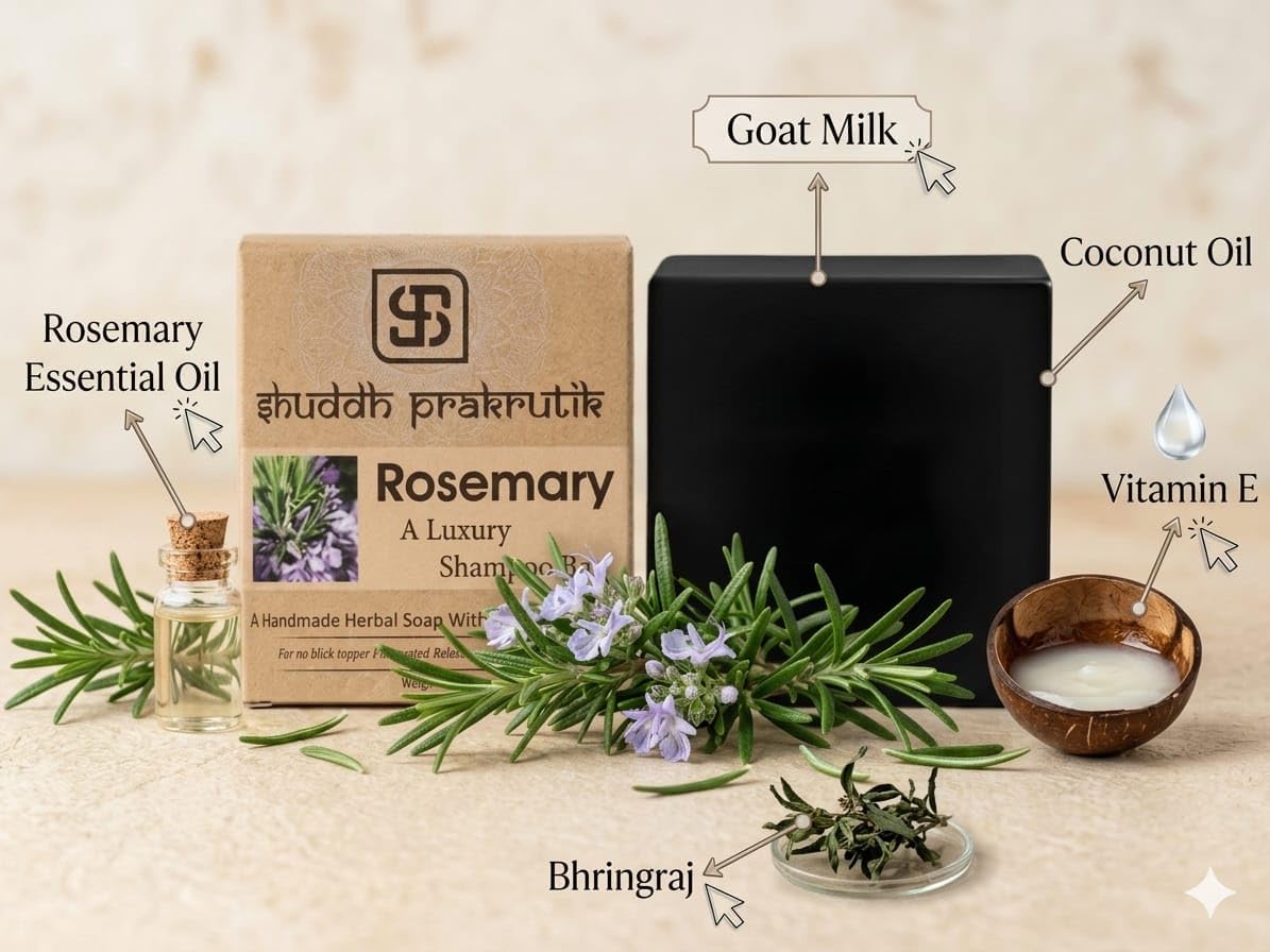 Shuddh Prakrutik Rosemary Luxury Shampoo Bar, Chemical Free, Herbal Ayurvedic Formula, with Rosemary Oil, Vitamin E, Bhringraj 2