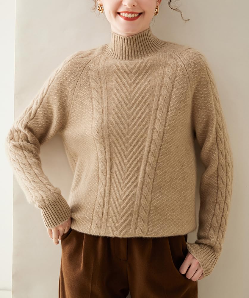 WEWE Maglione da donna 95% cashmere, collo alto, a maniche lunghe, in cashmere e lana, motivo a treccia, maglione spesso rilassato, WN633