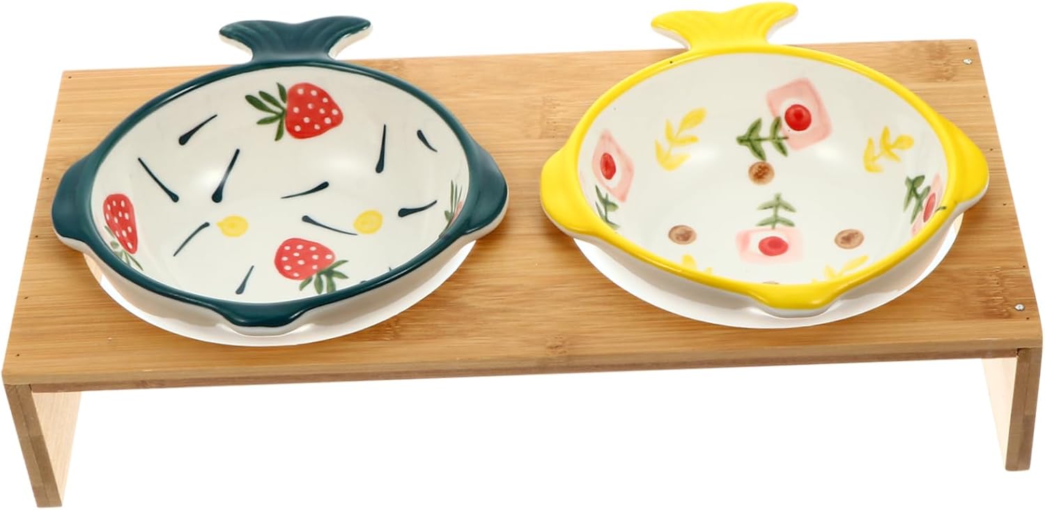 1set Ergonomic Cat Feeding Bowls Raised Pet Bowls Bamboo Stand Ceramic Puppy Dog