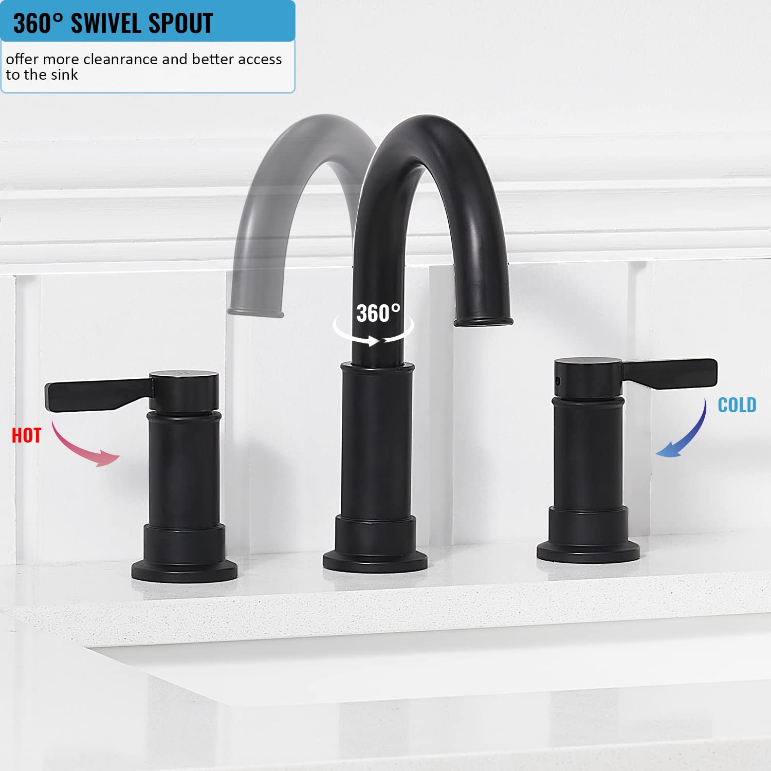HOTTIST Grifo De Baño De 3 Agujeros, 8 Pulgadas, Grifo De Lavabo De Baño Negro Con Desagüe Desplegable Y Mangueras De Suministro, Llaves Para Lavamanos De Baño