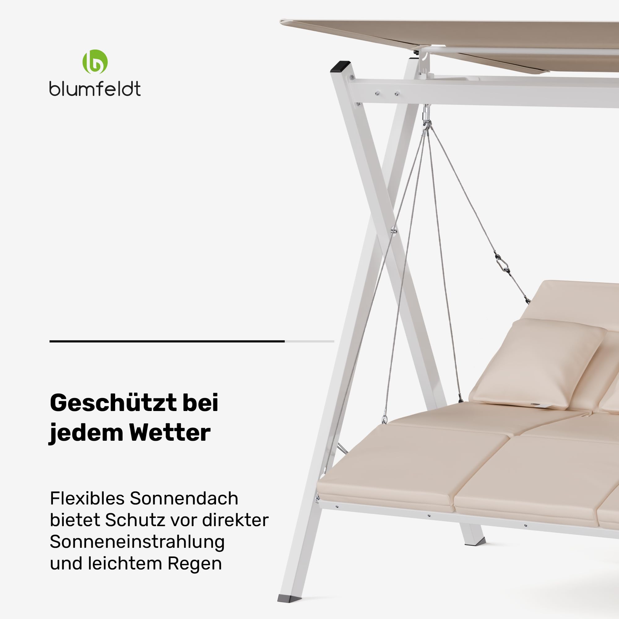 blumfeldt FlexiSwing Hollywoodschaukel 3-Sitzer – Verstellbare Rückenlehne & Sonnendach, 240 kg Belastung, Wetterfester Stahlrahmen, Inklusive Kissen, Gartenschaukel