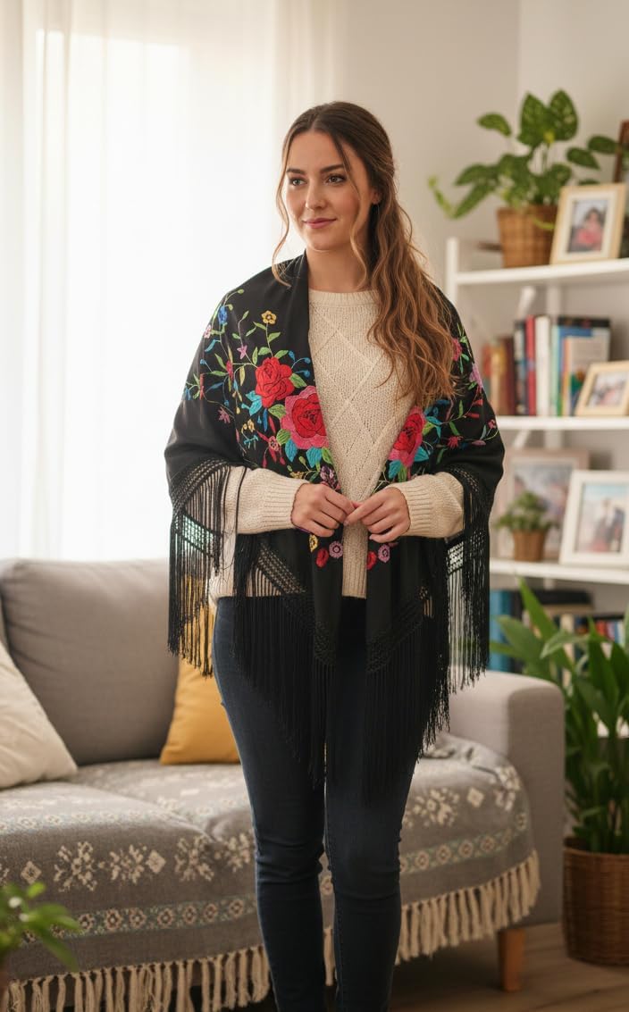 AMINA Black Flamingo Peak Shawl with Fringes - Embroidered to One Side - Large 75X35inch - Image 5