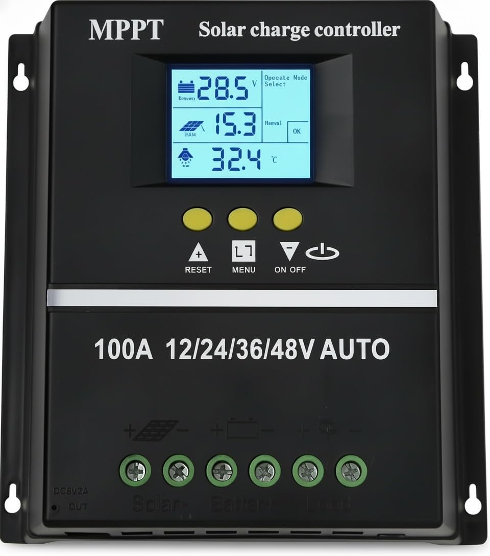 100 A MPPT-Chargeregler, 100 A Solar-Battery-Controller, 12/24/36/48 VBlei-Säure- und Lithium-Batterien, Affichage LCD, Protection contre la charge, Design étanche à l'eau