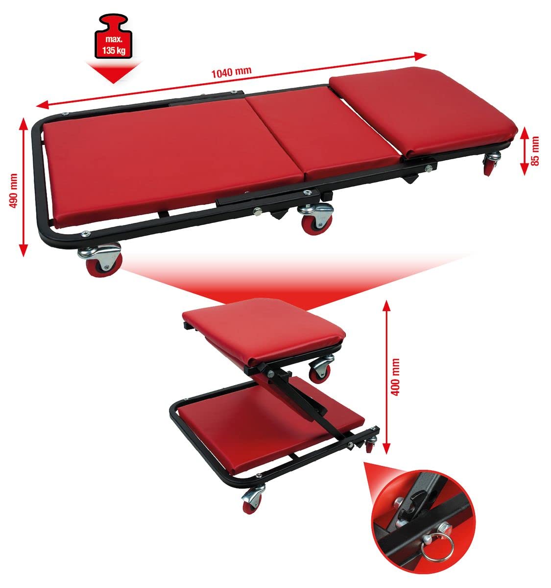 KS Tools - 500.8011 - Chariot de visite mécanicien convertible en siège d'atelier - Planche de travail et siège atelier mécanique 2 en 1 - 1020x460mm