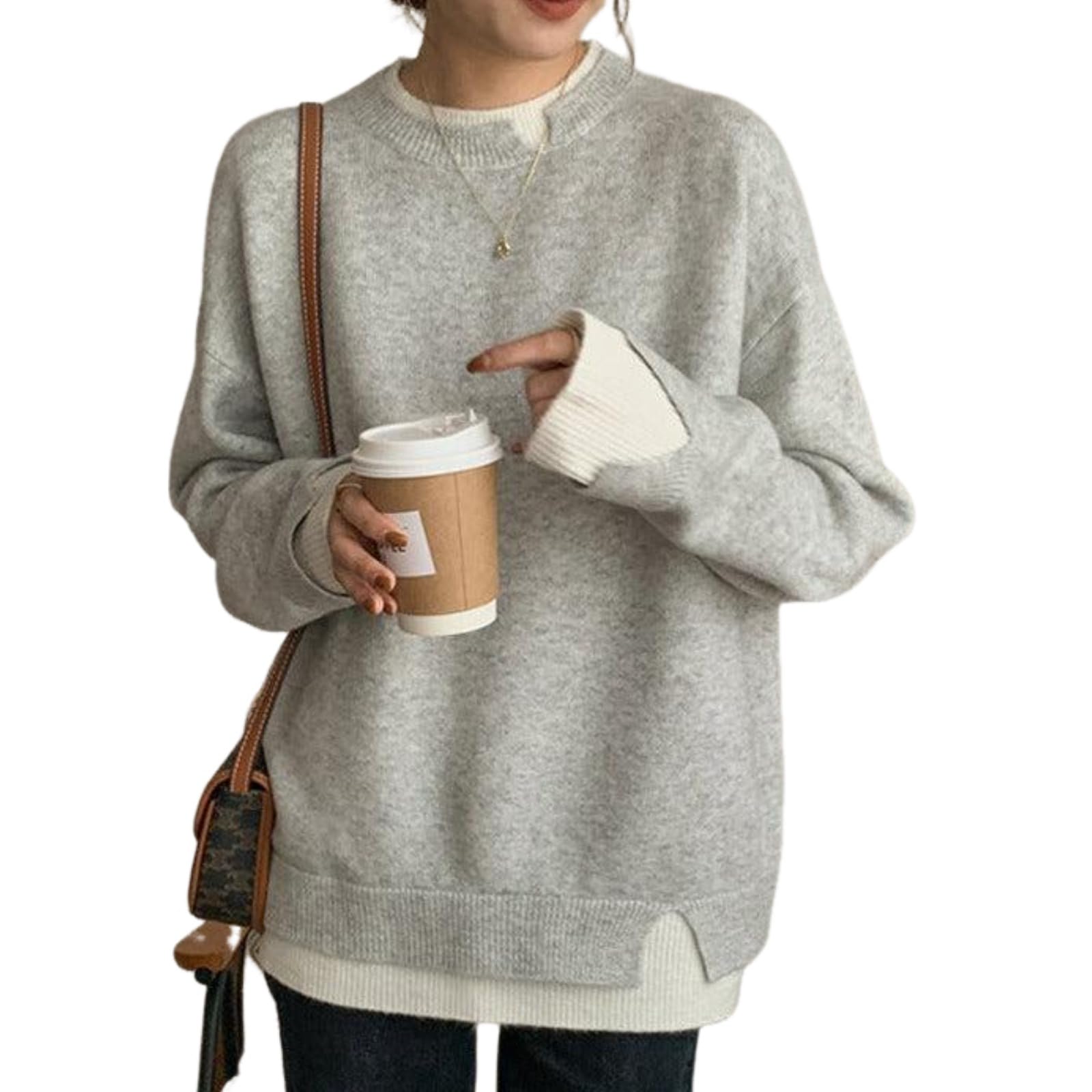 LOZ Womens 2025 Fall Sweaters Long Sleeve Crewneck Knit Outfits Trendy Grey and White Fashion Loose Pullover Sweater