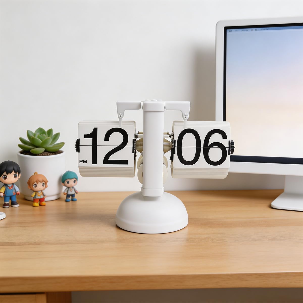 Reloj de mesa digital automático con tapa retro con mecanismo de transmisión interna, soporte de metal mecánico para el hogar, sala de estar (blanco)