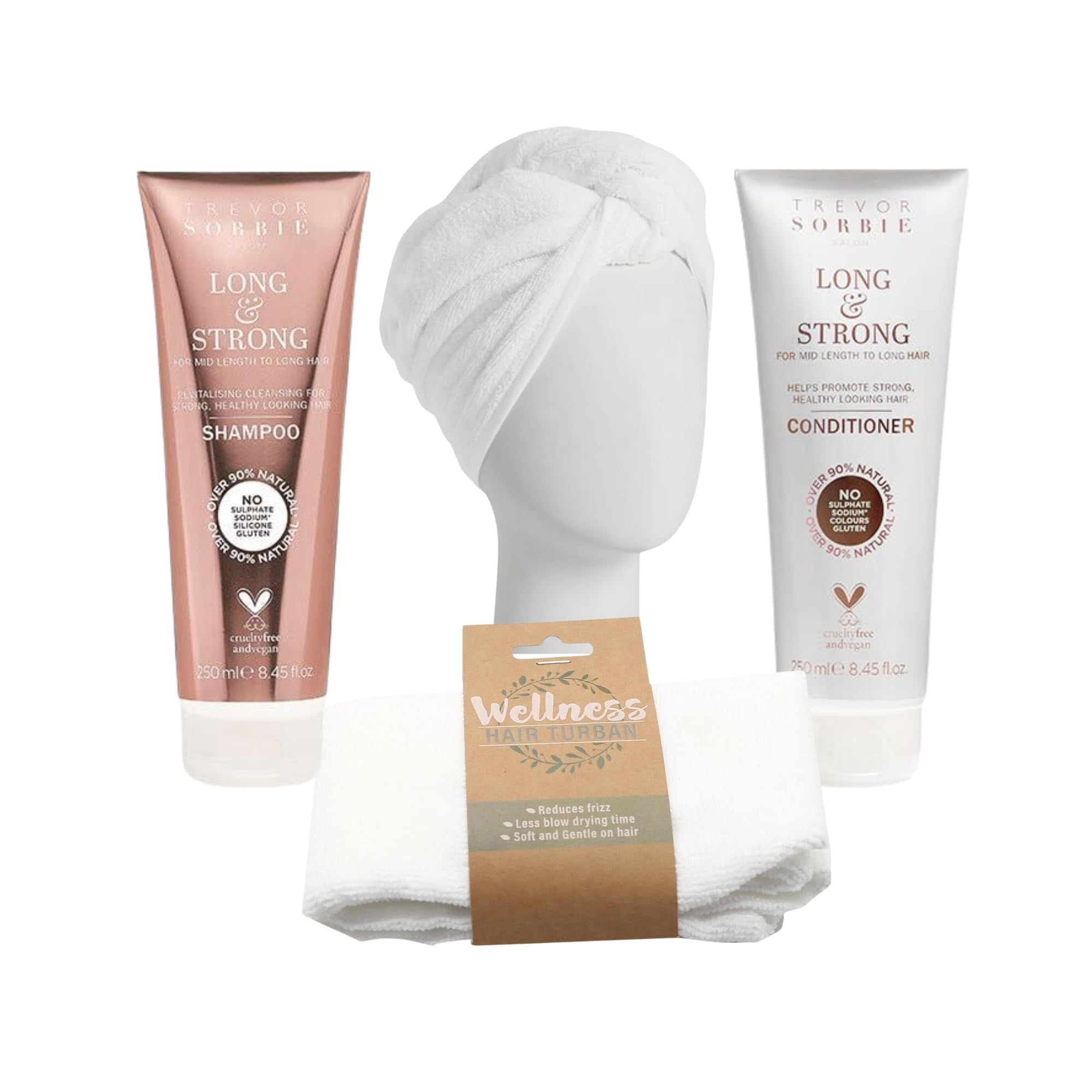 Rainbow Gifts International Long and Strong Shampoo 250ml, Conditioner 250ml and Wellness Hair Turban to Reduce Frizz for Curly, Coily, Wavy Hair