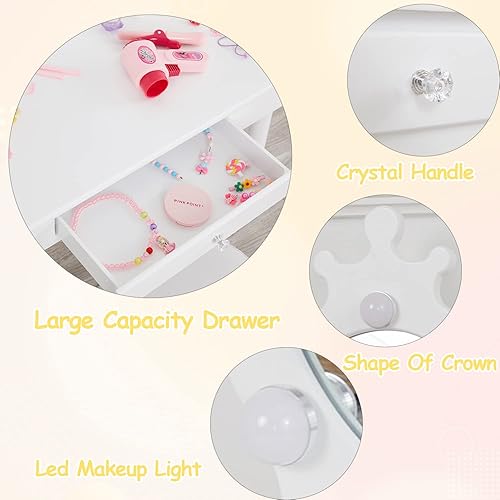 Miniatura 14 de Vabches Juego de mesa y silla para niños, escritorio de tocador para niñas con espejo y luces, tocador de maquillaje con cajón de almacenamiento